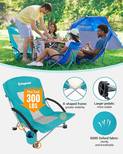 KingCamp Low Beach Chairs, Portable Folding Chair for Adults Extra Wide Ergonomic High Back Seat