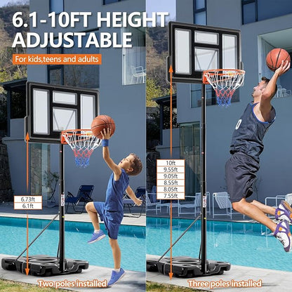 Sweetcrispy Portable Basketball Hoop Outdoor 6.1-10FT Adjustable Height, 44 Inch Shatterproof