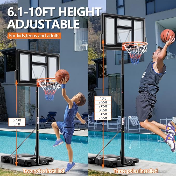 Sweetcrispy Portable Basketball Hoop Outdoor 6.1-10FT Adjustable Height, 44 Inch Shatterproof