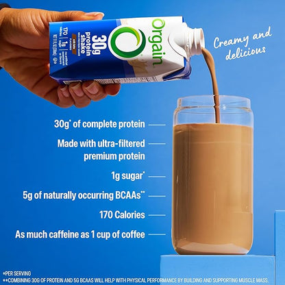 Orgain 30g High Protein Shake, Café Latte, 5g BCAAs, 1g Sugar Per Serving, Caffeine from 1 Cup of