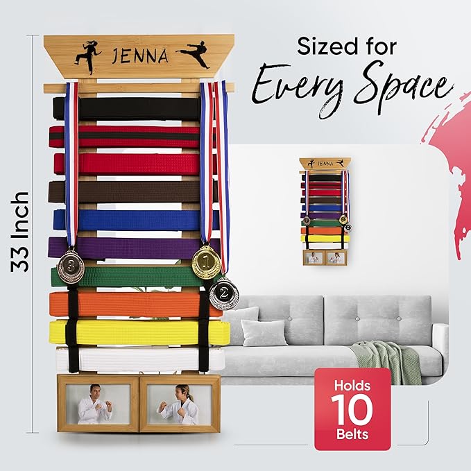 Karate Belt Display Rack - Bamboo 10 Taekwondo Belt Display with Customization Stickers, 2 Picture