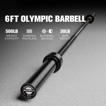 RITFIT Olympic Barbell 4ft/4.8ft/6ft - 2 Inch Weight Bar for Strength Training, Weightlifting