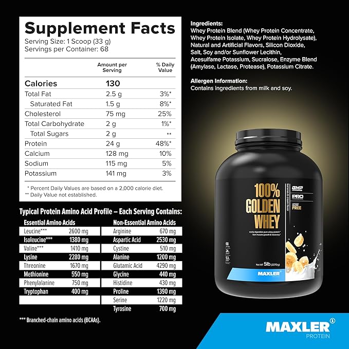 Maxler 100% Golden Whey Protein - 24g of Protein per Serving - Premium Whey Protein Powder for Pre