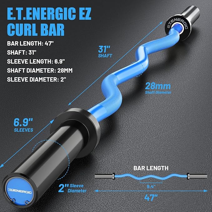47" Olympic EZ Curl Bar 500-lbs Capacity Steel Barbell Suitable for 2" Weight Plates, 2-Inch Curl