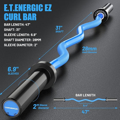 47" Olympic EZ Curl Bar 500-lbs Capacity Steel Barbell Suitable for 2" Weight Plates, 2-Inch Curl
