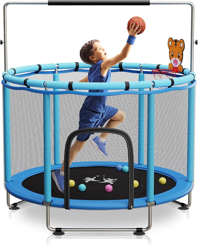 Toddler Trampoline for Kids Ages 3-8 - 5 ft Toddler Trampoline with Net, Basketball Hoop, Ocean
