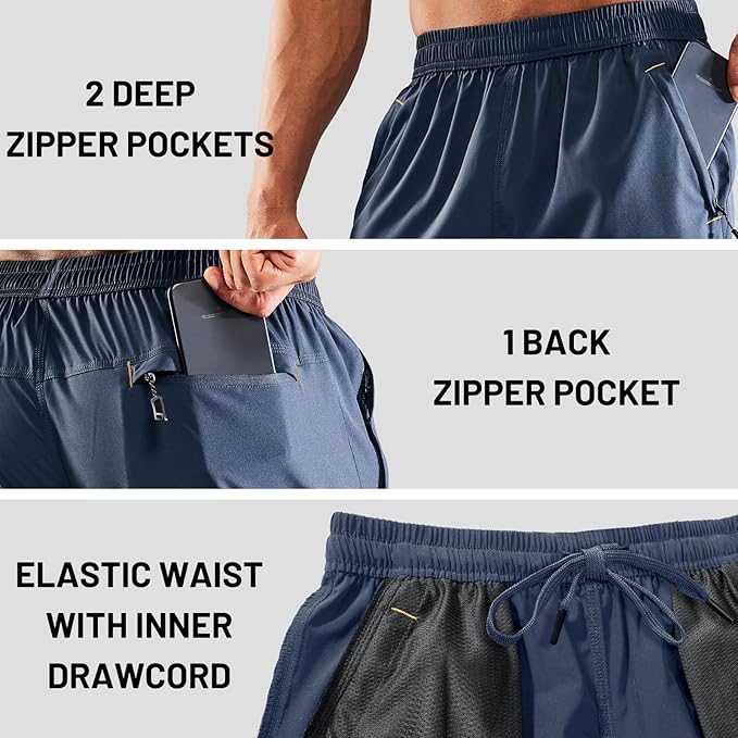 MIER Men's Quick Dry Running Shorts with Zipper Pocket, Elastic Waist Athletic Workout Exercise