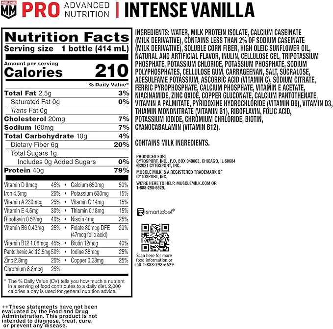 Muscle Milk Pro Advanced Nutrition Protein Shake, Intense Vanilla, 14 Fl Oz Bottle, 12 Pack, 40g