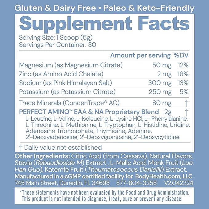 BodyHealth PerfectAmino Electrolytes Powder No Sugar, Keto Sugar Free Fasting Electrolytes Drink