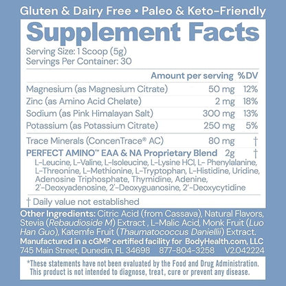 BodyHealth PerfectAmino Electrolytes Powder No Sugar, Keto Sugar Free Fasting Electrolytes Drink