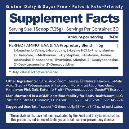 BodyHealth PerfectAmino Powder - BCAA and EAA Powder for Pre and Post Workout - Amino Acid Energy