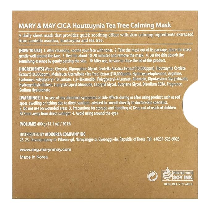 Mary&May CICA Houttuynia Tea Tree Calming Mask - Daily Pull Out Sheet Mask for Instant Soothing &