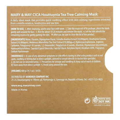 Mary&May CICA Houttuynia Tea Tree Calming Mask - Daily Pull Out Sheet Mask for Instant Soothing &