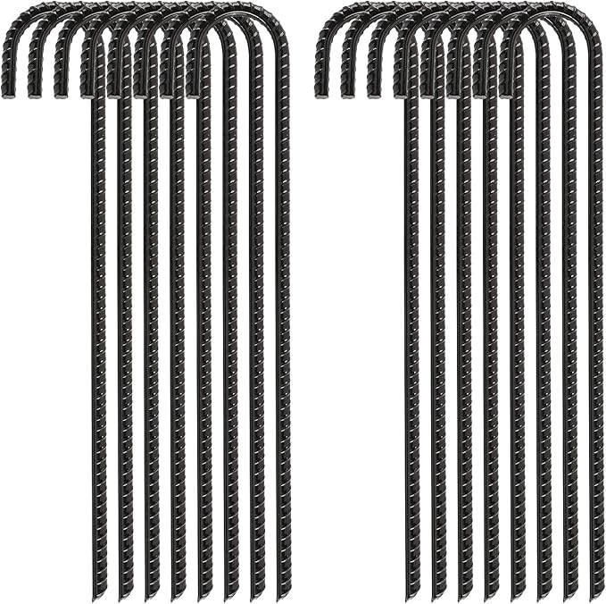 FEED GARDEN 16 Inch 16 Pack Rebar Stakes Heavy Duty J Hook, Galvanized Steel Ground Stakes Tent