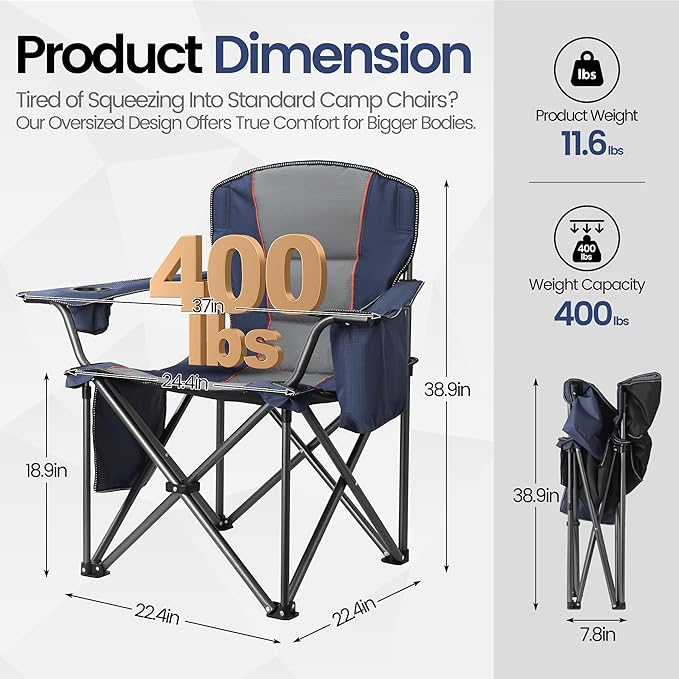 2 Pack Heavy Duty Oversized Camping Chair for Adults 400lbs w/Lumbar Support - Folding Chairs with