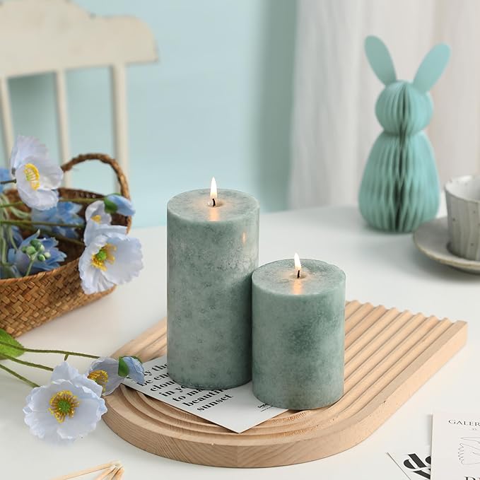 3x4 inch Green Pillar Candles Set of 3, Unscented Pillar Candle, Dripless and Smokeless Large