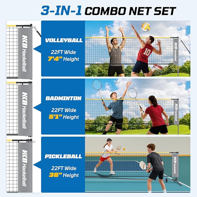 Haokelball Badminton Volleyball Pickleball Net Set, 22FT Portable All-in-One Nets System for