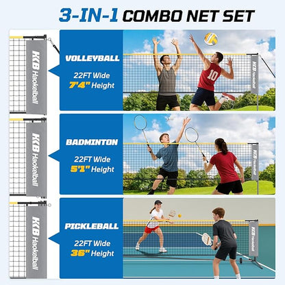 Haokelball Badminton Volleyball Pickleball Net Set, 22FT Portable All-in-One Nets System for