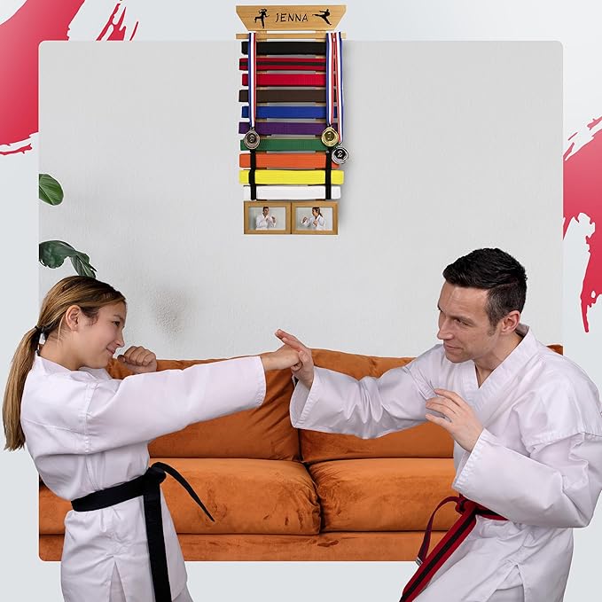 Karate Belt Display Rack - Bamboo 10 Taekwondo Belt Display with Customization Stickers, 2 Picture