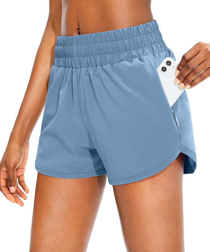 SANTINY Women's Running Shorts with Zip Pockets High Waisted Athletic Workout Gym Shorts for Women