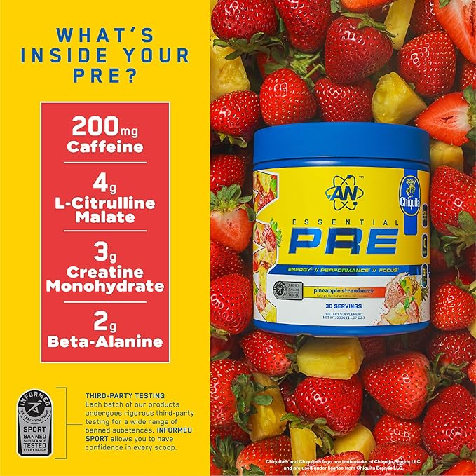 AN Essentials Pre-Workout Powder Supplement for Men & Women | Energy Mix with 200mg Caffeine, Beta