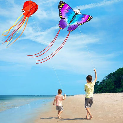 3 Pack Large Kites, Large Butterfly Kite, Colorful Delta and Red Octopus for Girls Boys Ages 4-8