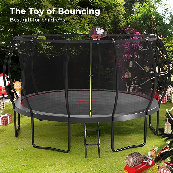 12 14 15 16FT Trampoline Outdoor with Basketball Hoop, Trampoline with Lights for Kids and Adults