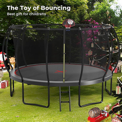 12 14 15 16FT Trampoline Outdoor with Basketball Hoop, Trampoline with Lights for Kids and Adults