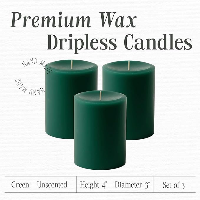 Mister Candle Dripless Unscented Pillar Candles, Set of 3 Hand Poured Solid Color Non-Scented