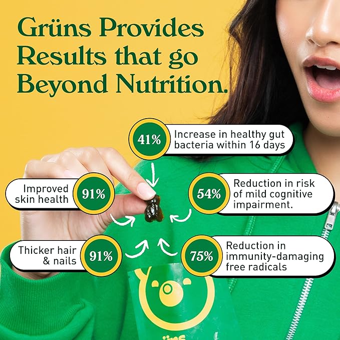 Gruns Adults Super Greens Gummies, Multivitamin Superfood Gummy Bears with Spirulina, Chlorella