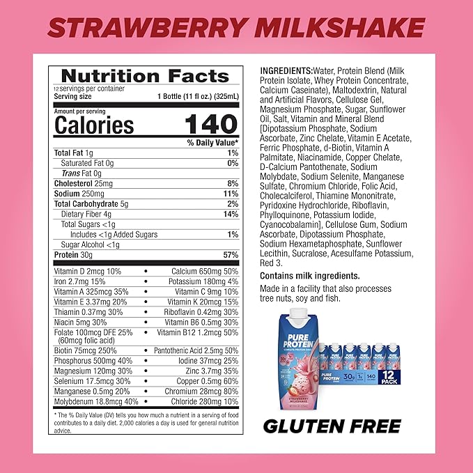 Pure Protein Strawberry Protein Shake, 30g Complete Protein, Ready to Drink and Keto-Friendly
