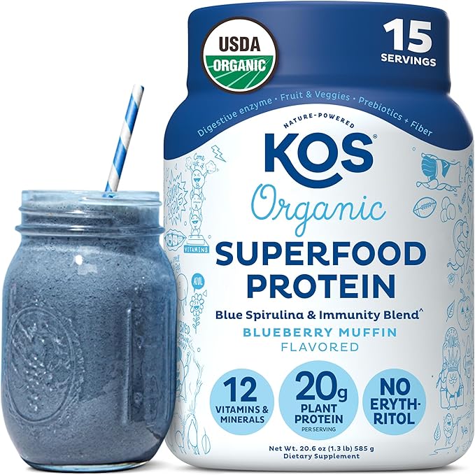 KOS Plant Based Protein Powder, Blueberry Muffin - Organic Pea Protein Superfood with Spirulina and