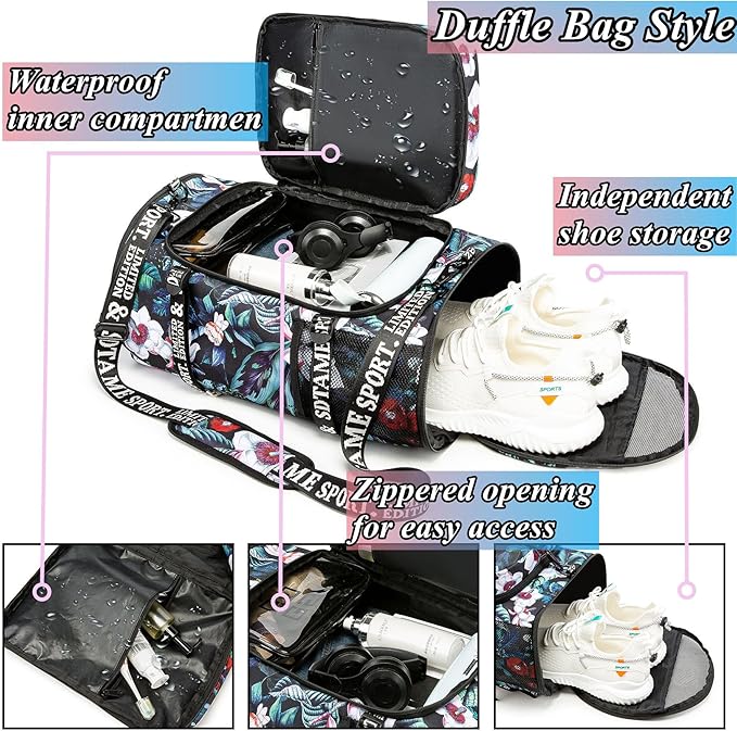 Gym Duffle Bag Backpack with Shoe Compartment,4 ways Travel Backpack for Women and