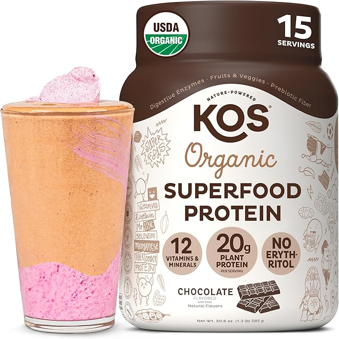 KOS Plant Based Protein Powder, Chocolate USDA Organic - Low Carb Pea Protein Blend, Vegan