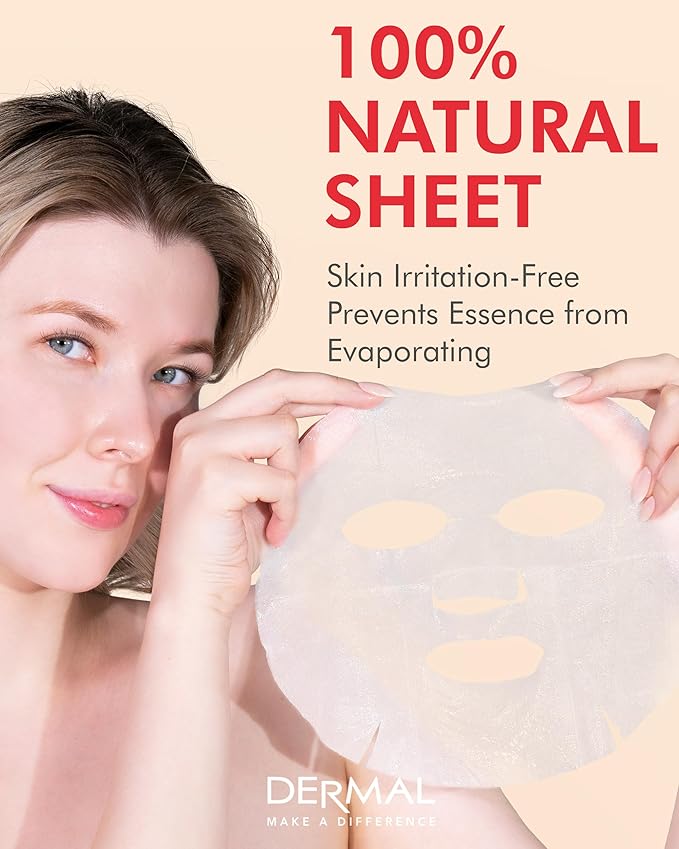 DERMAL Rose Collagen Essence Korean Facial Mask Sheet Pack of 10 - Reviving Tired Skin, Soothing &
