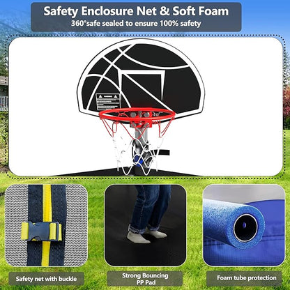 Upgraded Trampoline 8FT/10FT/12FT/14FT With Basketball Hoop, Light, Sprinkler, Stakes - Outdoor