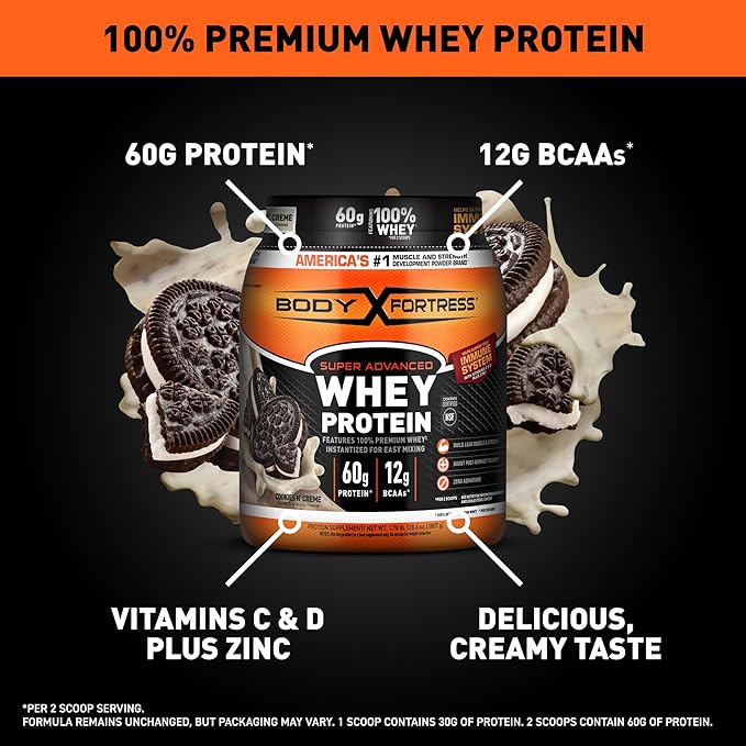 Body Fortress Super Advanced Whey Protein Powder, Cookies N??Creme, 60g Protein & 12g BCAAs Per 2