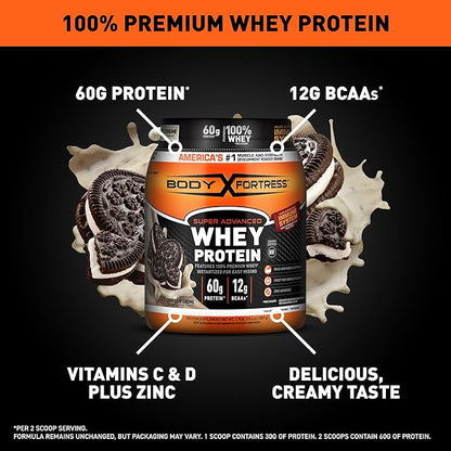 Body Fortress Super Advanced Whey Protein Powder, Cookies N??Creme, 60g Protein & 12g BCAAs Per 2