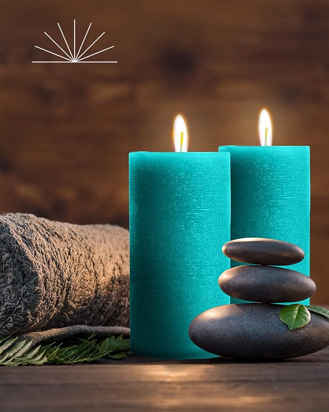 Mottled Pillar Candles by Bask - Set of 6-3" x 6" Dripless Unscented Candles in Turquoise for Home