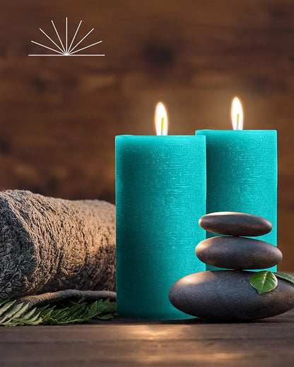 Mottled Pillar Candles by Bask - Set of 6-3" x 6" Dripless Unscented Candles in Turquoise for Home