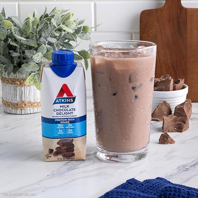 Atkins Milk Chocolate Delight High Protein Shake, 15g Protein, Low Glycemic , 2g Net Carb, 1g