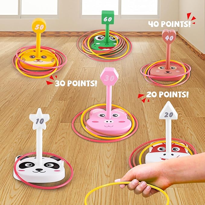 Animal Ring Toss Game Toy Set for Kids, 6 Targets Stands & 36 Rings Combo, Indoor Outdoor Party