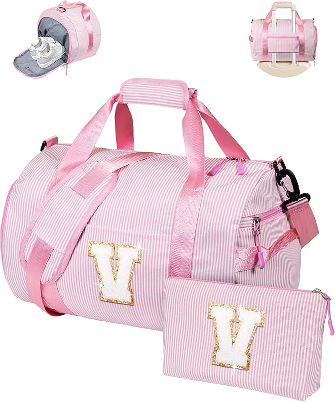 Girly Trendy Stuff, Girl Gym Bag, Kids Initial Overnight Duffel Bags with Shoe Compartment