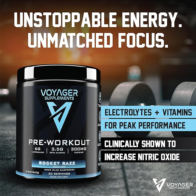 Voyager Pre-Workout Rocket Razz ??Creatine-Free Powder w/L-Citrulline, Beta-Alanine, Caffeine