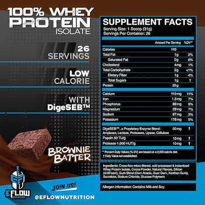 eFlow Nutrition 100% Whey Protein Isolate - Gluten & Lactose-Free Digestive Enzymes Added, Low