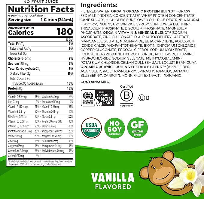 Orgain Organic Kids Protein Nutritional Shake, Vanilla - 8g of Protein, 22 Vitamins & Minerals