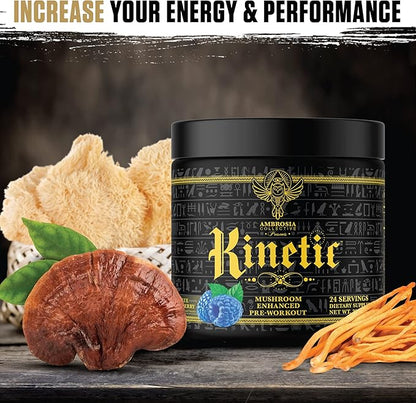 Ambrosia Kinetic Organic Preworkout, Mushroom Enhanced Natural Pre Workout Supplement, Nootropic