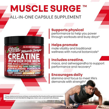 Clean Nutra Creatine Powder for Men + HMB BCAA L Arginine L Citrulline Tongkat Ali Saw Palmetto