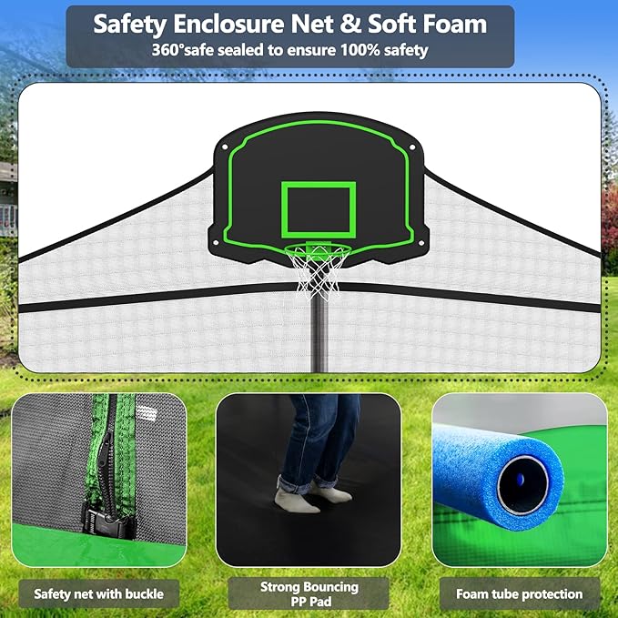Upgraded 10/12/14/15/16FT Trampoline Outdoor, Large Kids Trampoline with Light, Stakes, Sprinkler