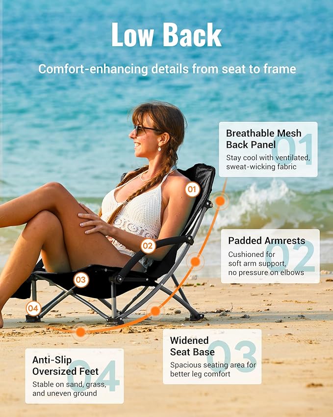 KingCamp Low Beach Chairs, Portable Folding Chair for Adults Extra Wide Ergonomic High Back Seat